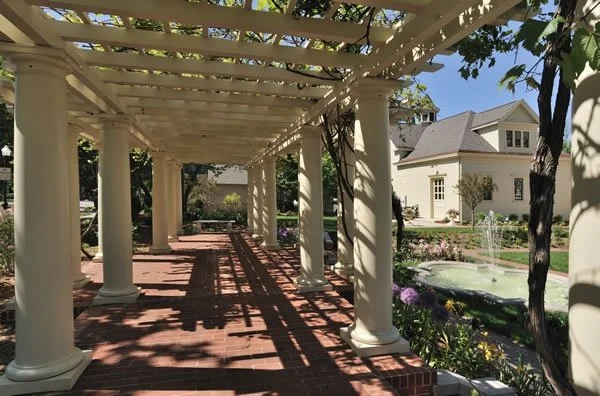 View of Fountain and Carriage House from Pergola