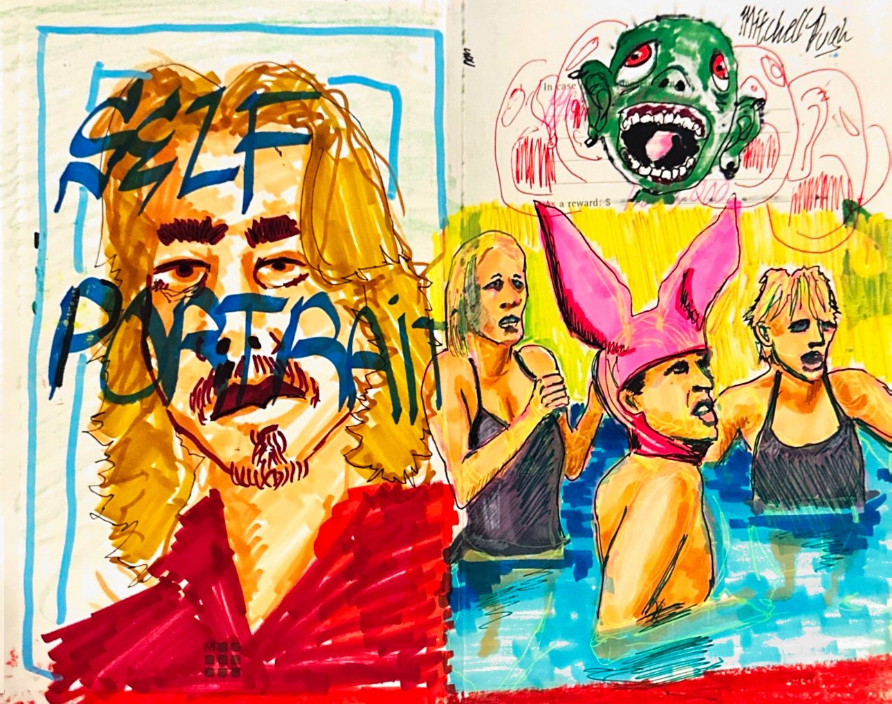 "self portrait" and "gummo" 2023, alcohol marker, ballpoint pen