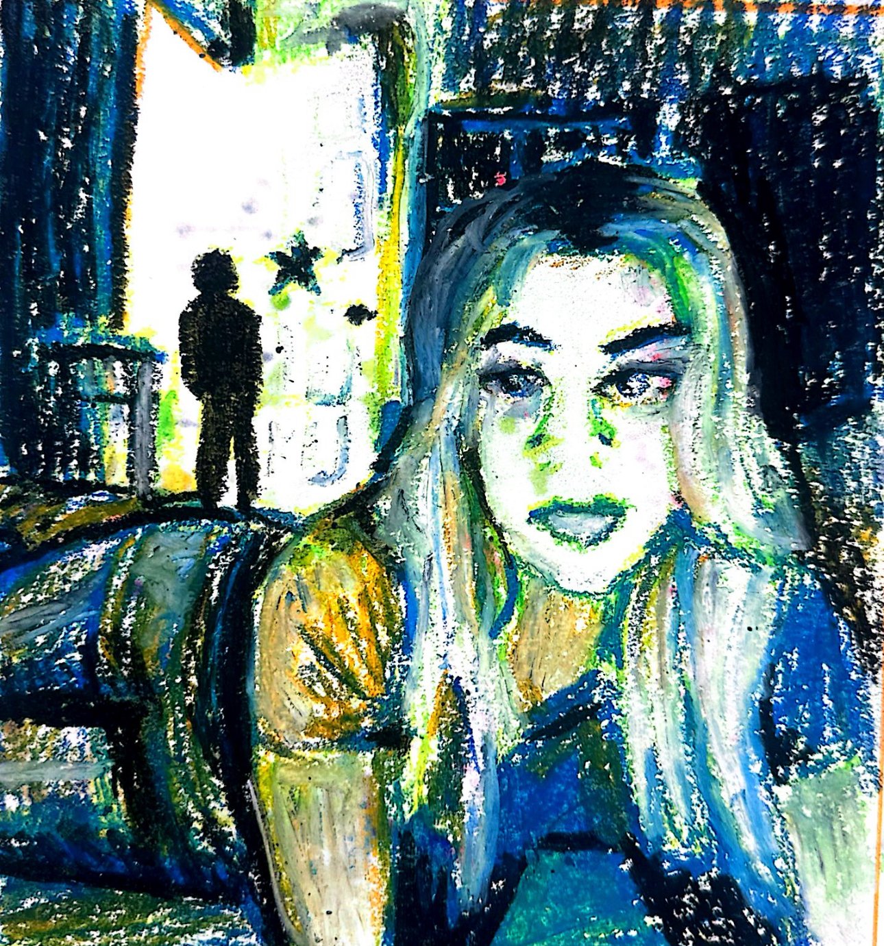 "whats that behind you? -user892" 2024, oil pastel
