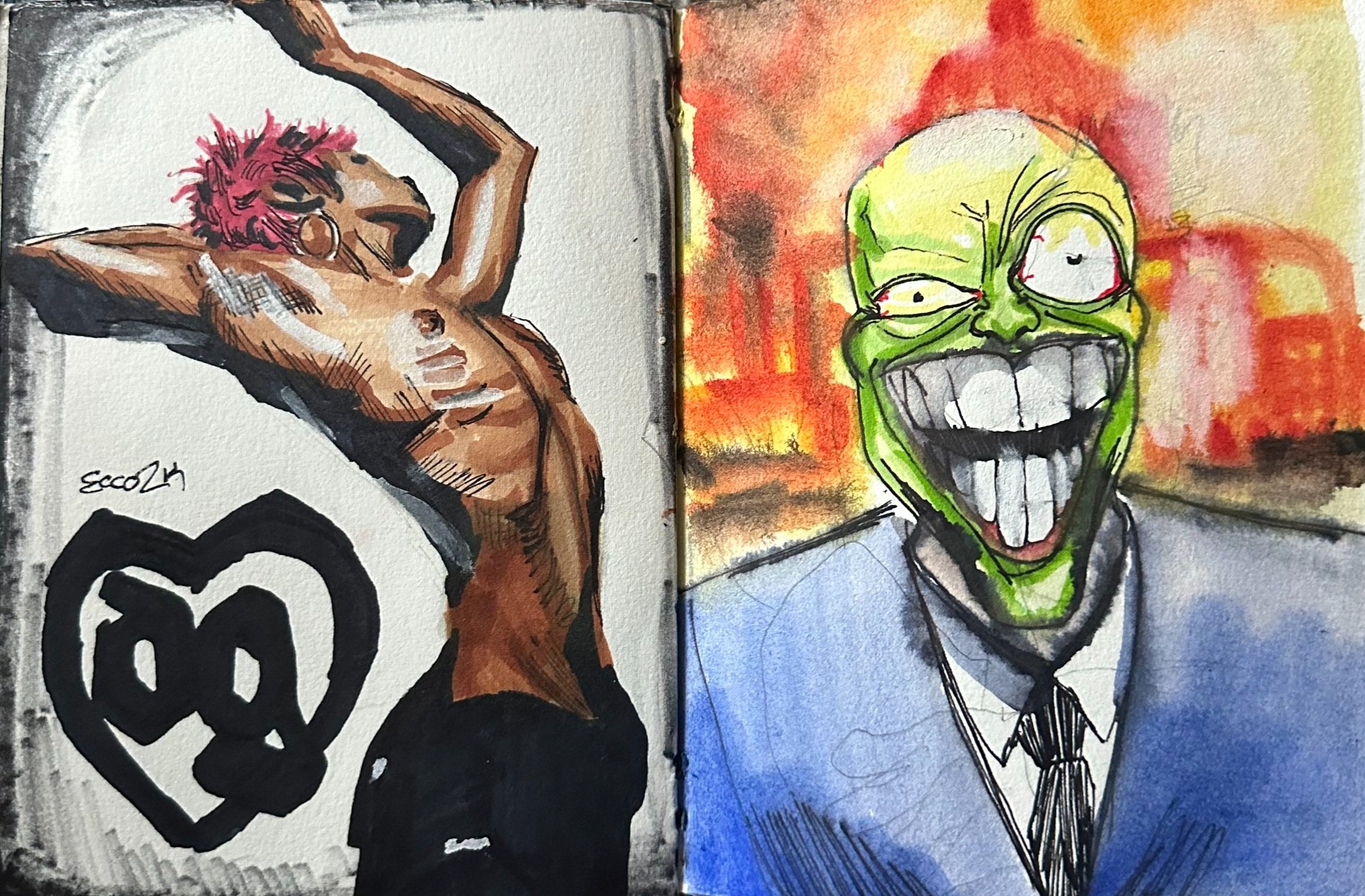"ecco2k" and "the mask" 2023, alcohol marker, paint marker, water color, ballpoint pen