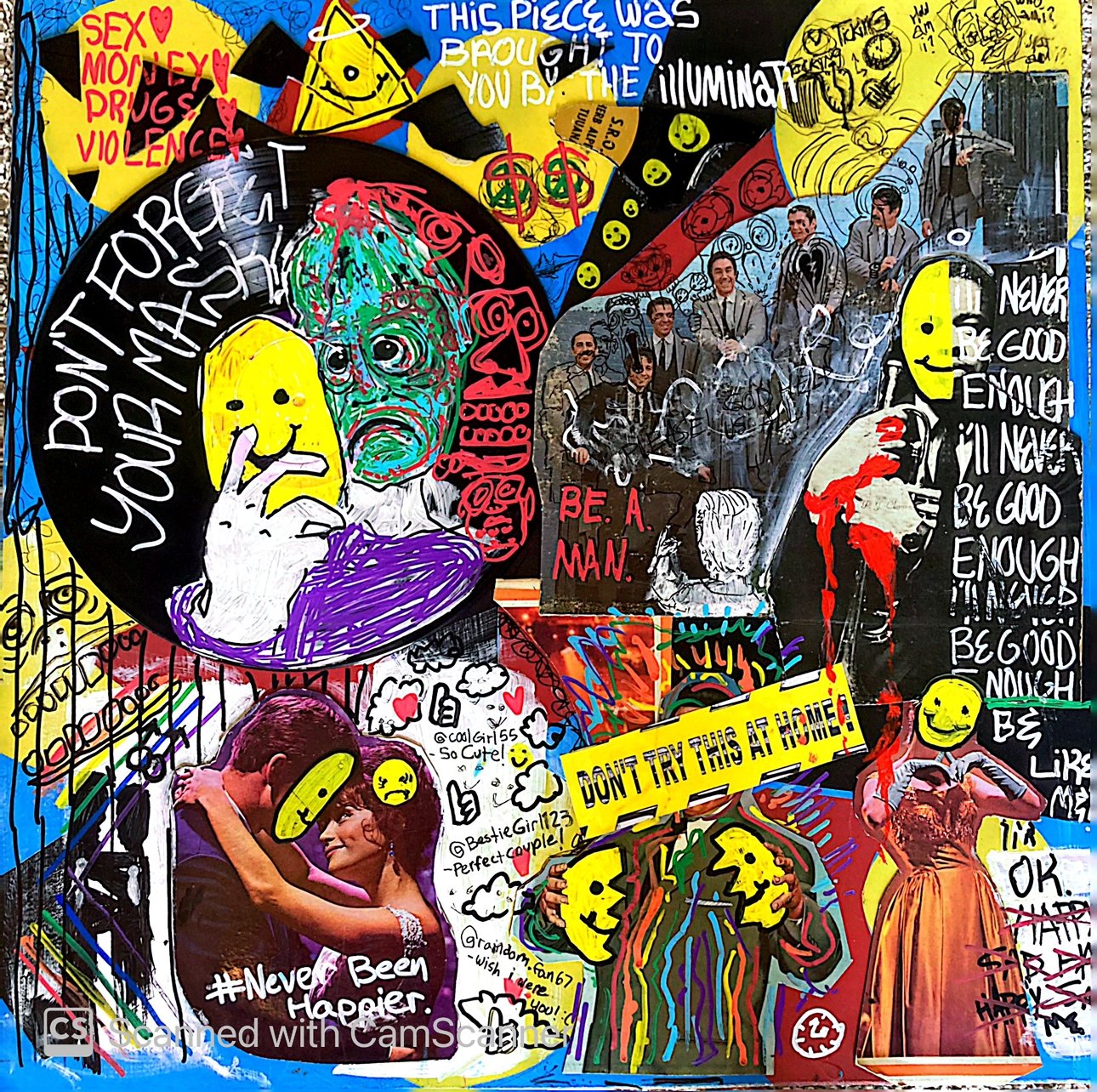 "Wear Your Mask!" 2022, acrylic on masonite, magazines, vinyl records/covers