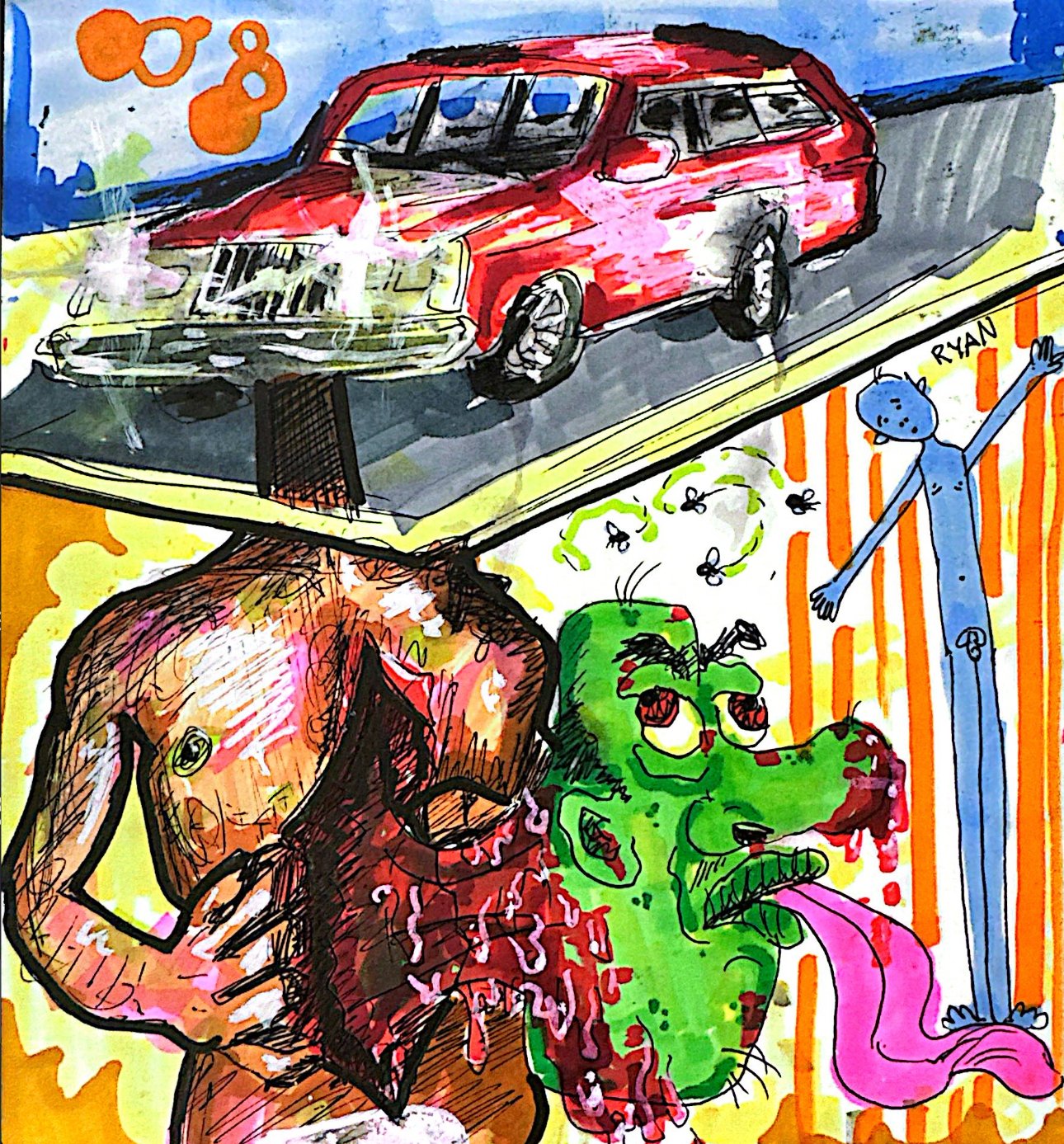 "Volvo to Ryan?" 2024, alcohol marker, ballpoint pen, paint, marker