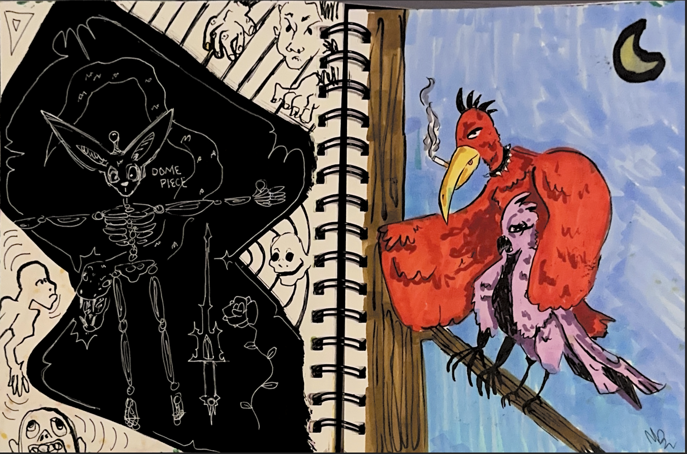 "dome piece" and "punk-ish birdies" 2024, alcohol marker, ink pen, paint marker, gel pen