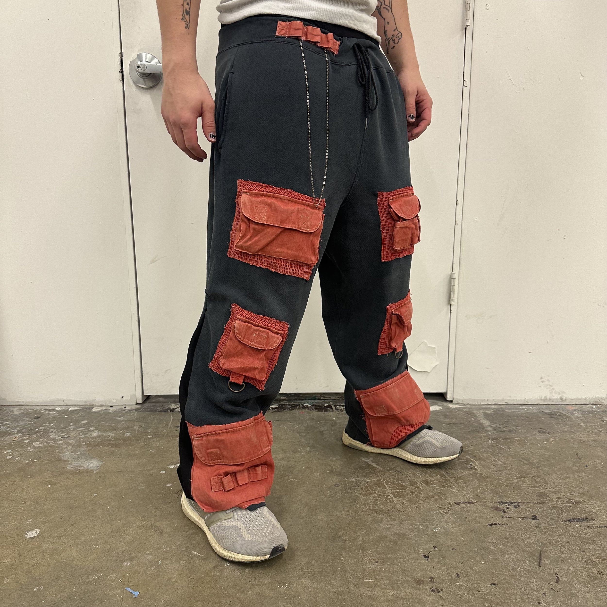 "franked out utility sweats" 2025, 1990's sweatpants, 1980's fisherman's vest, red dye, cotton fabric