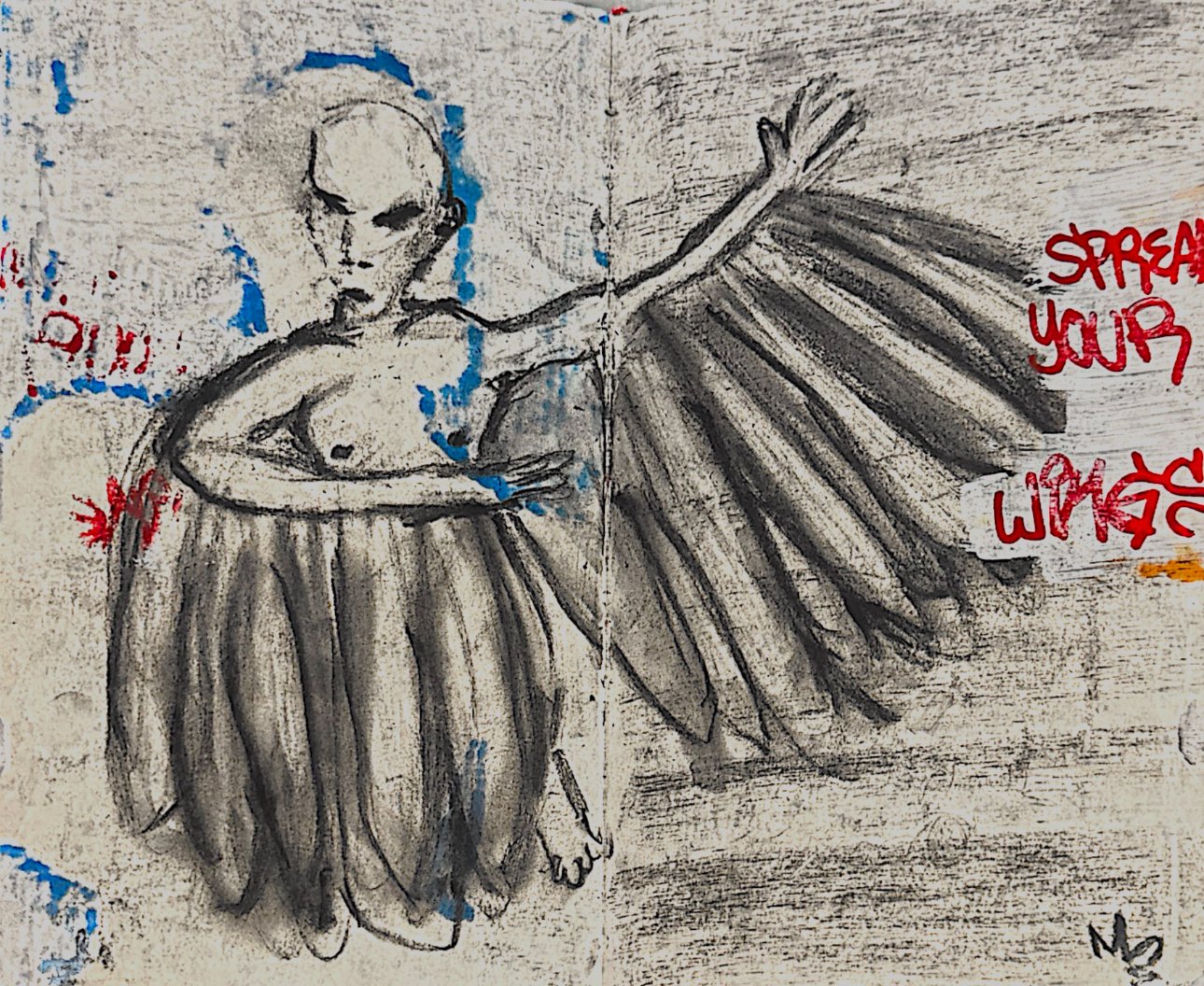 "spread your wings" 2023, charcoal, paint marker