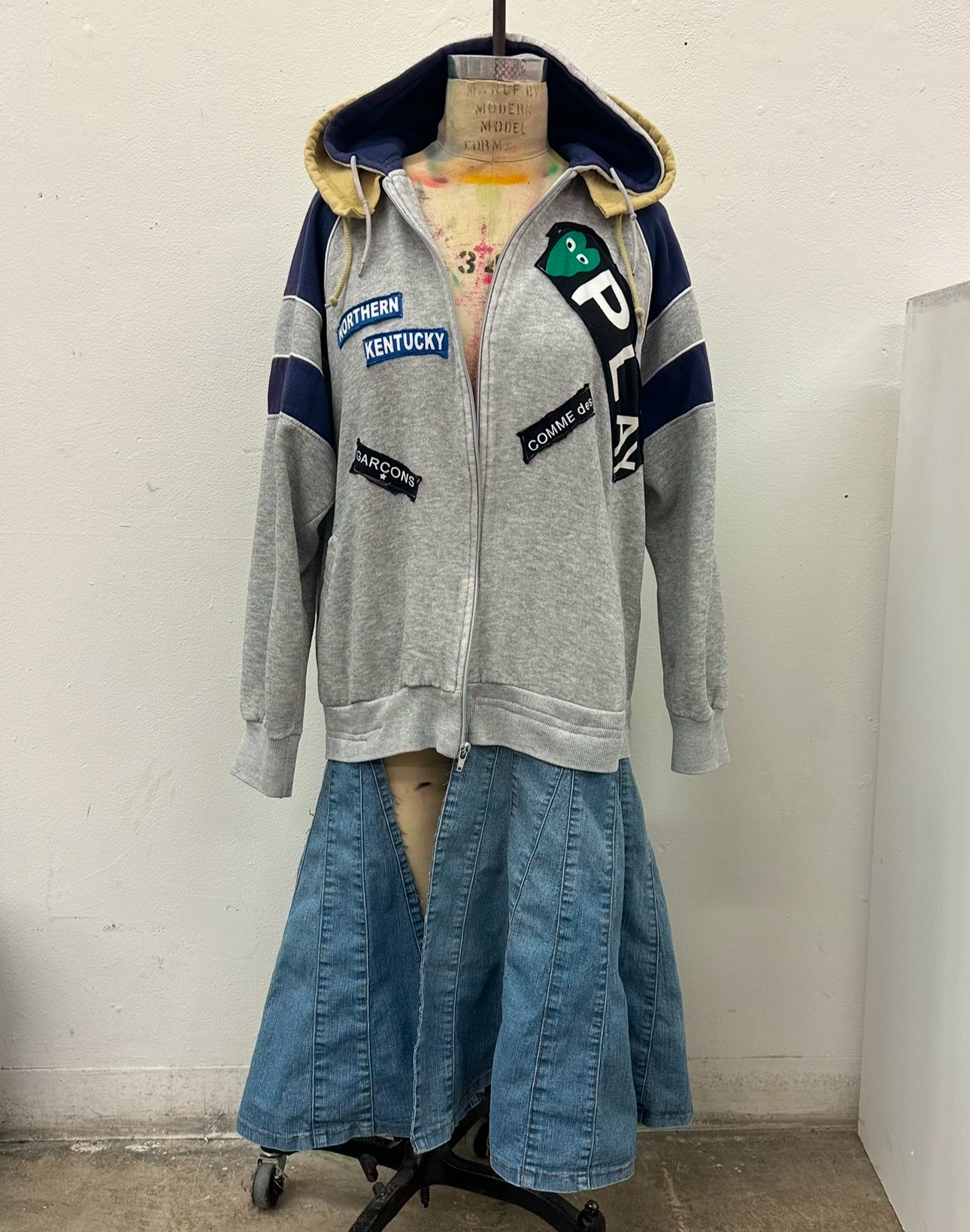"double hooded skirted zip" 2025, 1980's zip hoodie, bootleg CDG Play tee, denim skirt, Adidas hoodie