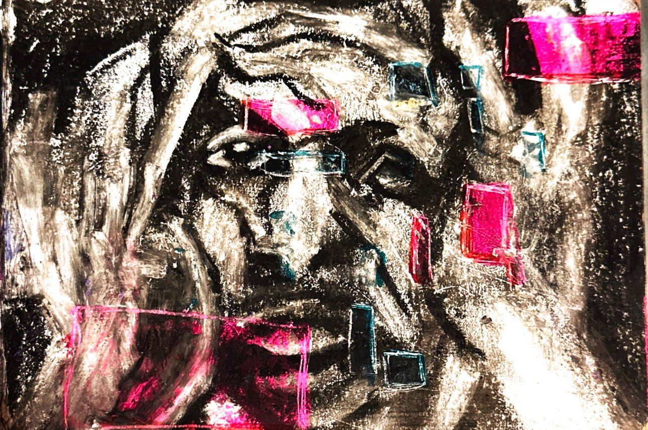 "con-puzzled" 2024, charcoal, paint marker