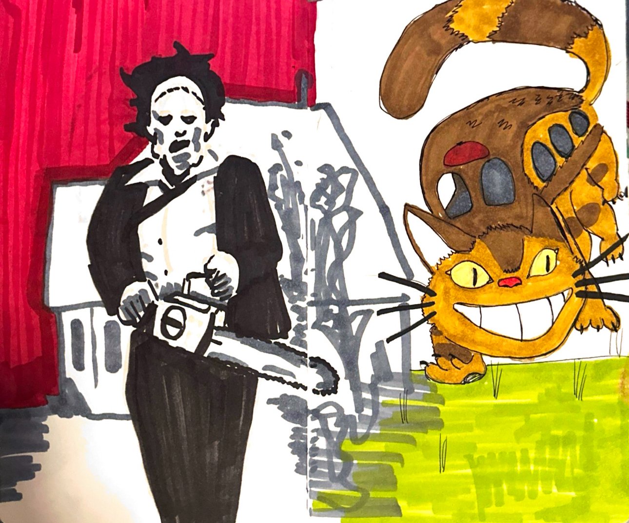 "leatherface and catbus" 2024, alcohol marker, ballpoint pen