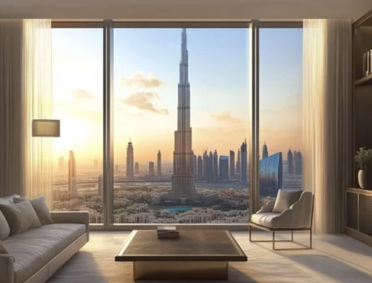 Modern living room with a large window view of a city skyline at sunset, featuring a prominent skyscraper.