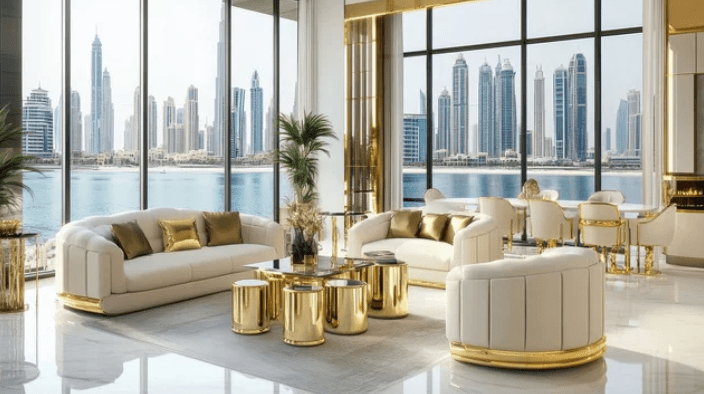 Luxury living room with white and gold furnishings, large windows with city skyline view.