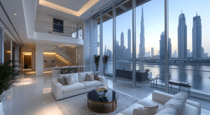 Luxurious modern living room with large windows overlooking a city skyline, featuring a white sectional sofa, glass coffee table, and staircase with LED lighting.