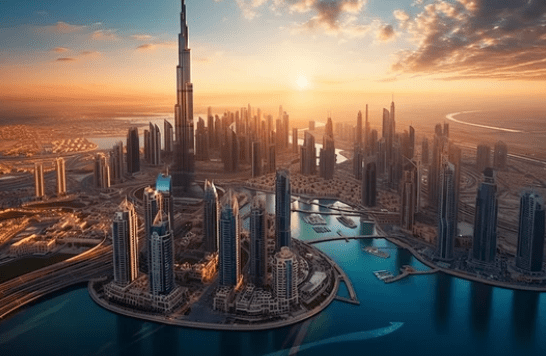 Aerial view of Dubai skyline with Burj Khalifa at sunset.