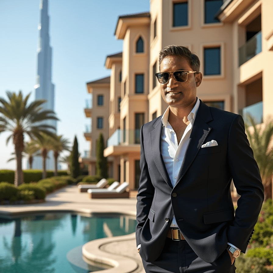 Man in suit with sunglasses outside luxury villa and swimming pool, Burj Khalifa in background.
