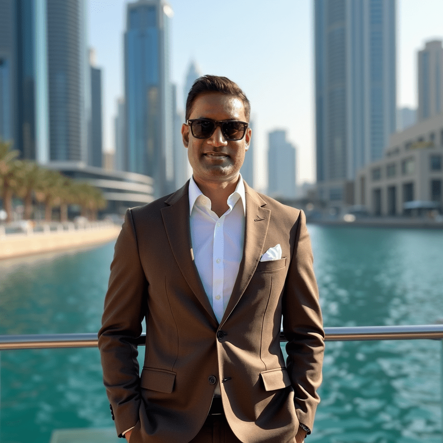 Man in sunglasses and suit standing by waterfront, urban skyline background.