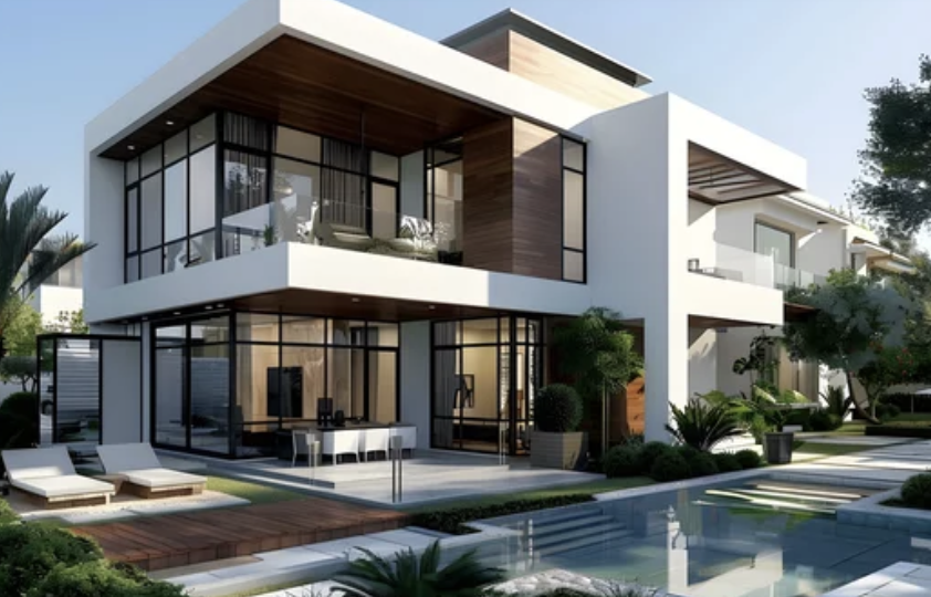 Modern luxury house with large glass windows, a wooden deck, lounge chairs, and a swimming pool surrounded by greenery.