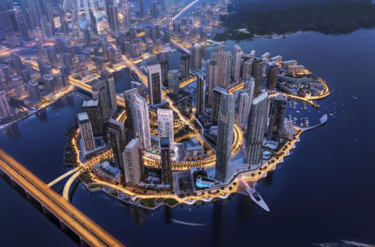 Aerial view of a modern cityscape with illuminated skyscrapers on a waterfront. The area features a network of roads and bridges, surrounded by water with docks and yachts. The setting is during twilight or night with city lights brightly illuminating the scene.