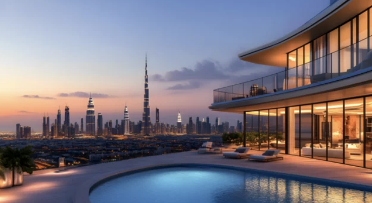 Luxurious rooftop pool with Dubai skyline at sunset, featuring Burj Khalifa and modern architecture.