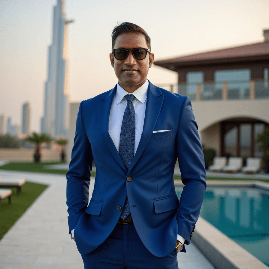 Man in blue suit with pool and skyscraper