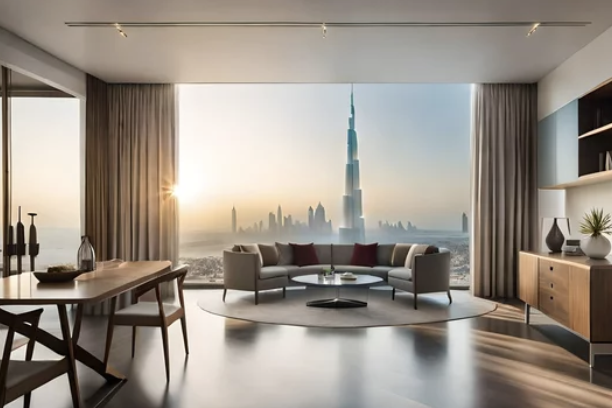 Modern living room with large window view of city skyline and prominent skyscraper, featuring stylish furniture and decor.