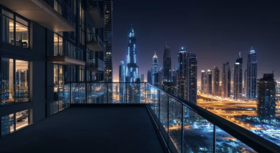 Nighttime cityscape of a modern metropolis with illuminated skyscrapers and a glass balcony offering a view of the skyline.