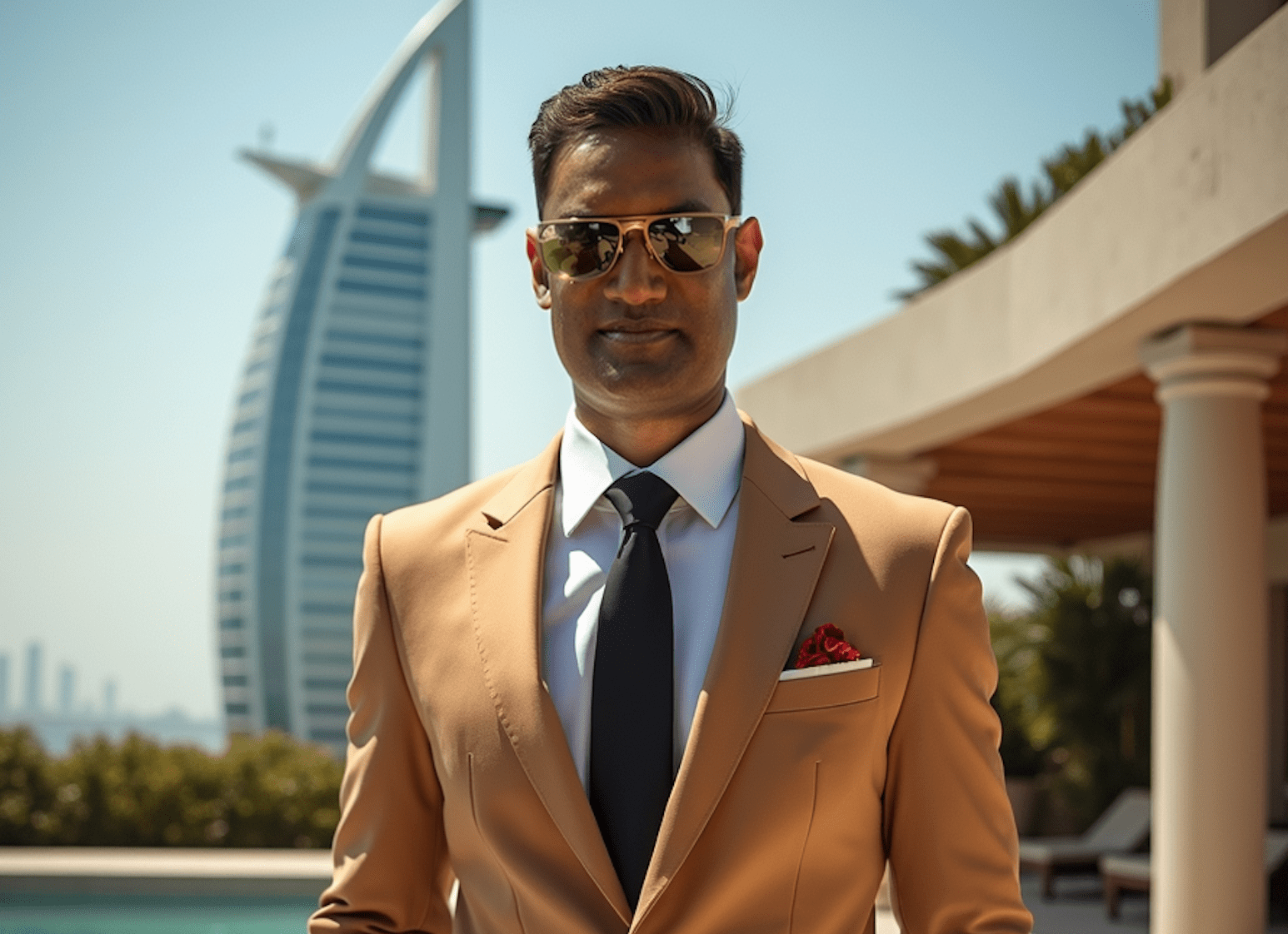 Man in a tan suit with sunglasses standing in front of the Burj Al Arab in Dubai.