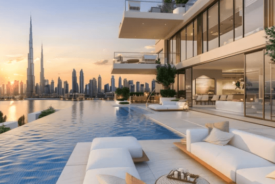 Luxurious modern home with infinity pool overlooking a cityscape and sunset.