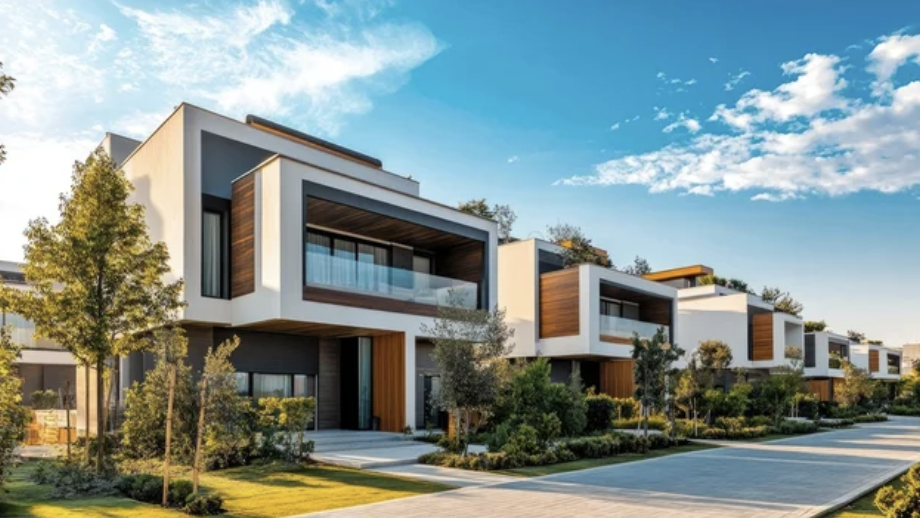 Modern luxury houses with large windows and balconies, surrounded by greenery and a clear blue sky.
