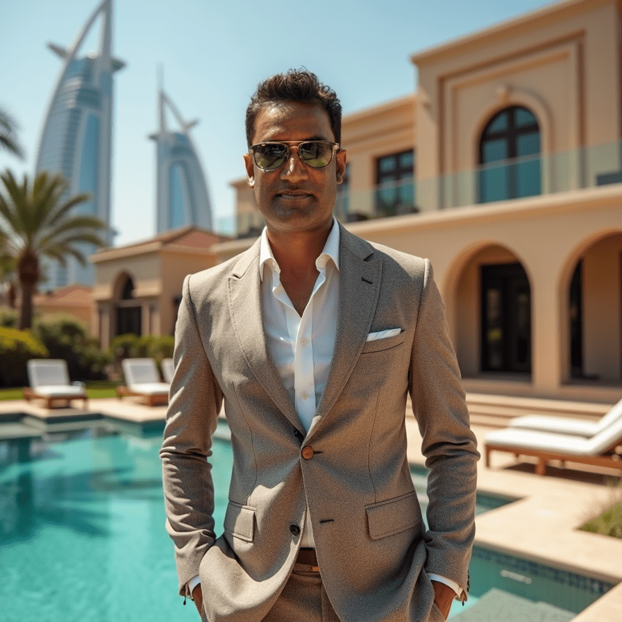 Man in a beige suit and sunglasses standing by a pool with a luxury villa and modern skyscrapers in the background, palm trees, sunny day.