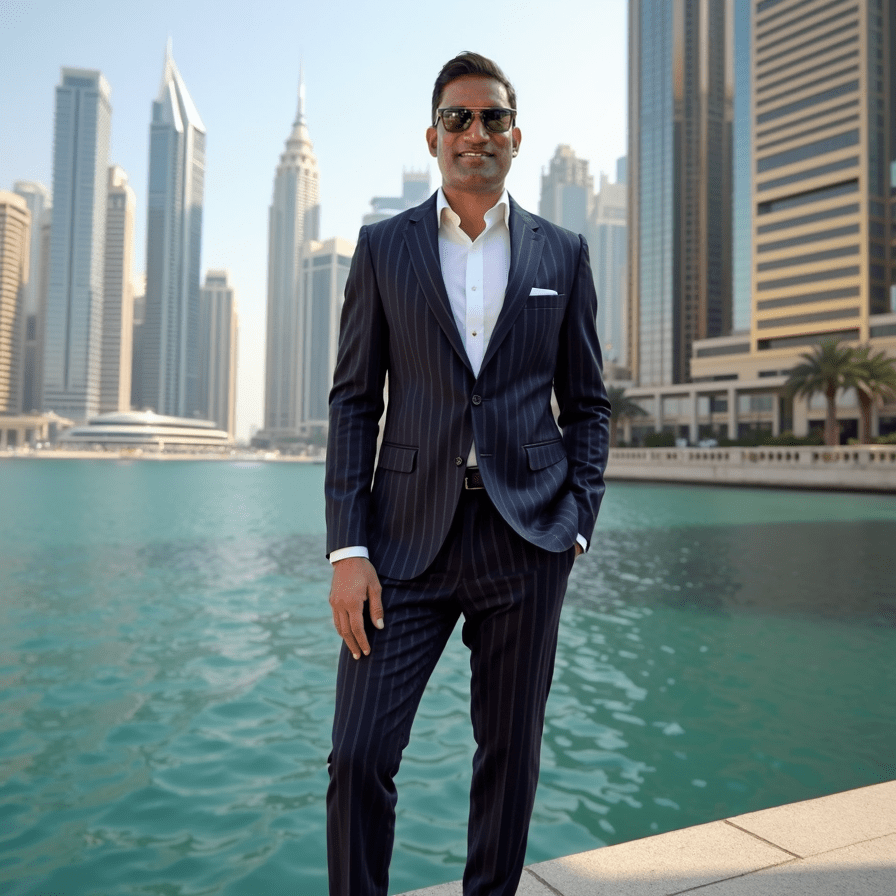 Man in a pinstripe suit standing by a waterfront, with skyscrapers in the background, possibly in a city like Dubai during the day.