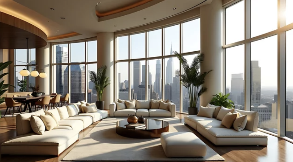 Modern living room with floor-to-ceiling windows showing cityscape, stylish furniture, large sectional sofas, potted plants, wooden floors, and a dining area with pendant lights.