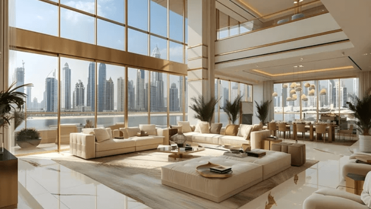 Modern luxury living room with large windows overlooking city skyline, featuring beige sofas, sleek furniture, and elegant decor.