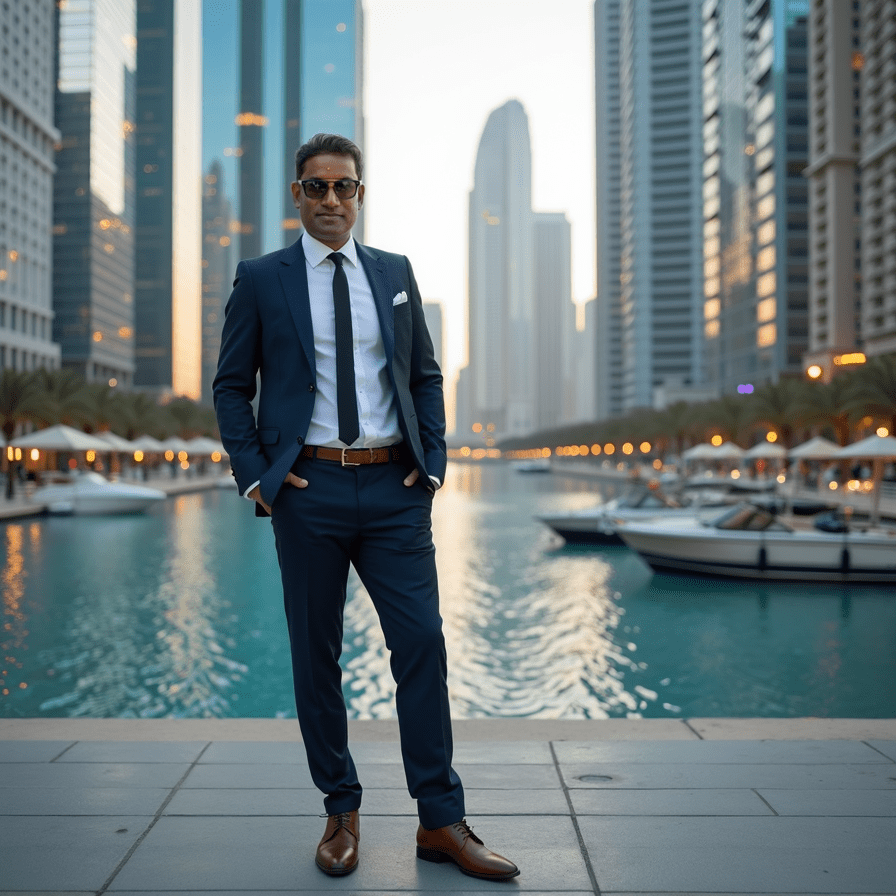 A man in a suit standing by a waterfront with modern skyscrapers in the background.