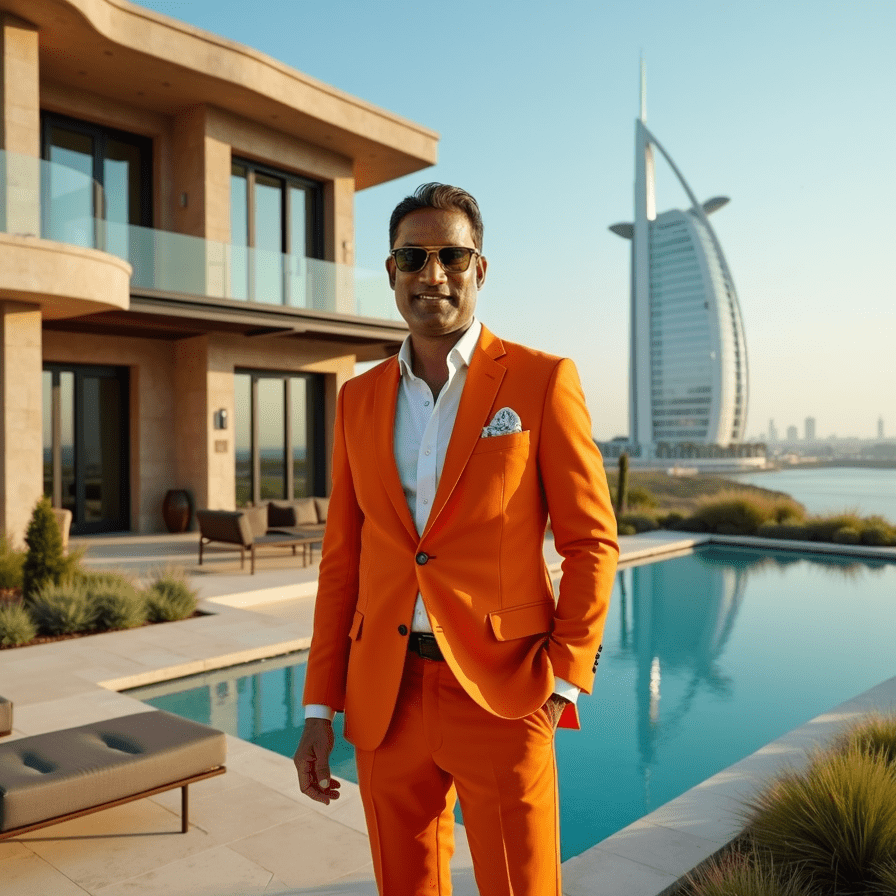 Man in orange suit standing by a pool with a modern building and Burj Al Arab in the background.