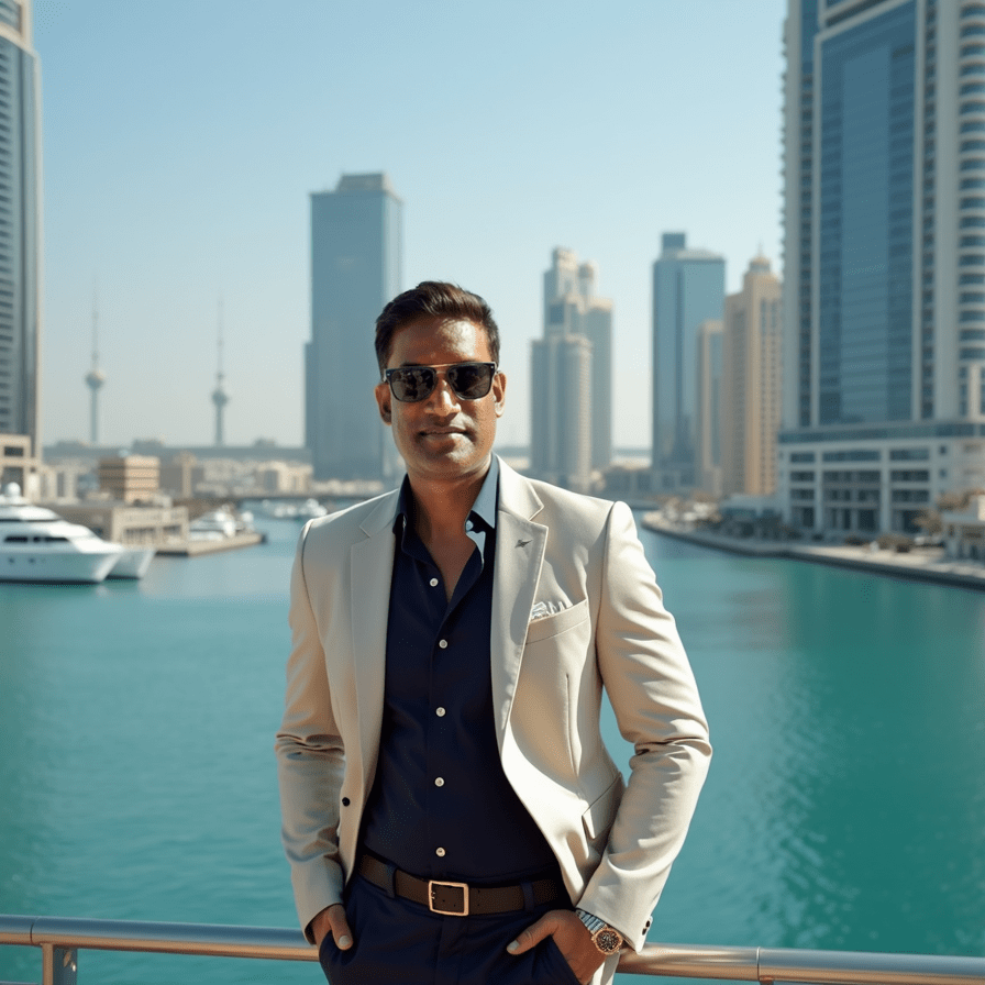 Man in a light suit standing near a waterway with skyscrapers and a yacht in the background.