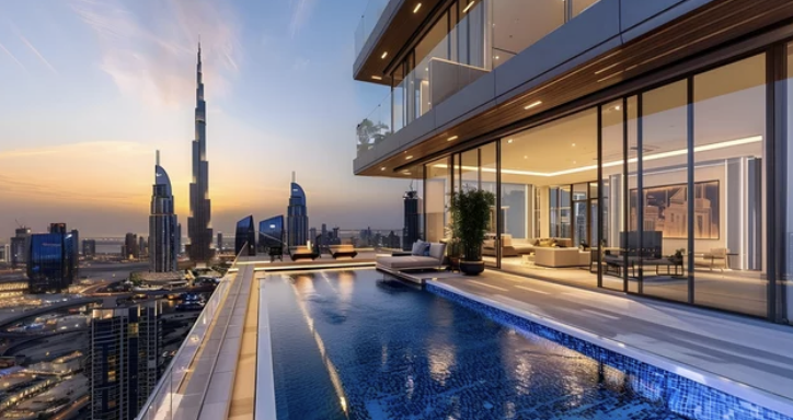 Luxury apartment with rooftop pool and city skyline view at sunset.