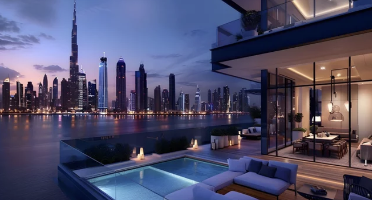 Luxury apartment with rooftop pool overlooking city skyline at dusk