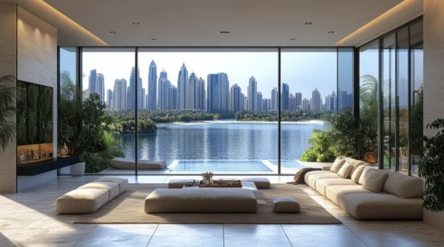 Luxury living room with modern furniture, large glass windows, and a view of a city skyline across a body of water. Indoor plants and neutral-tone decor enhance the minimalist design.