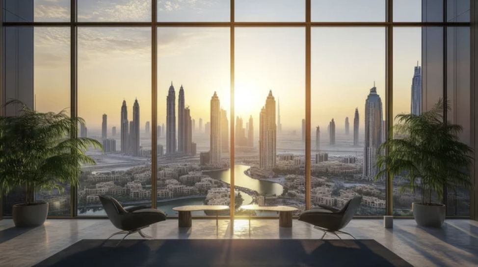 Modern interior with large windows overlooking a cityscape at sunset, featuring tall buildings and a river, with chairs and plants in the foreground.