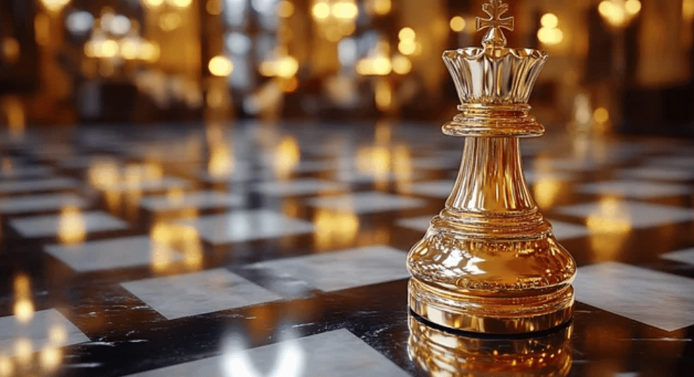 Golden king chess piece on black and white checkered board, surrounded by blurred warm lights.