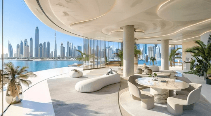 Luxurious modern interior with curved furniture, large windows showcasing a city skyline and waterfront view, potted plants, and a round dining table.