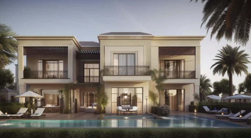 Luxury modern villa with pool, palm trees, and outdoor lounge chairs.