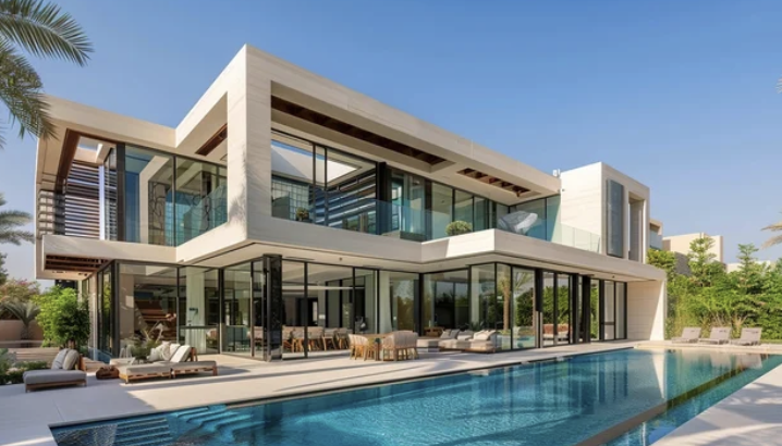 Modern luxury house with large glass windows, outdoor furniture, and a swimming pool.