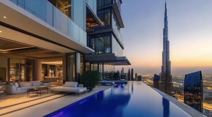 Luxury rooftop swimming pool with city skyline view, featuring a prominent skyscraper at sunset.