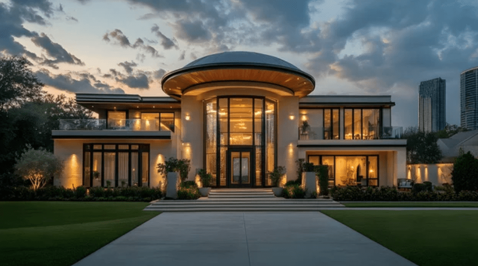 Modern luxury house with large windows at dusk, surrounded by lush lawn and cityscape in the background.