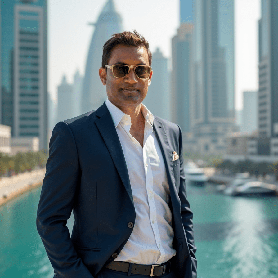 Man in a suit and sunglasses standing in an urban setting with skyscrapers and water in the background.