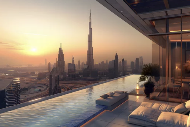 Luxury rooftop infinity pool with city skyline view at sunset.