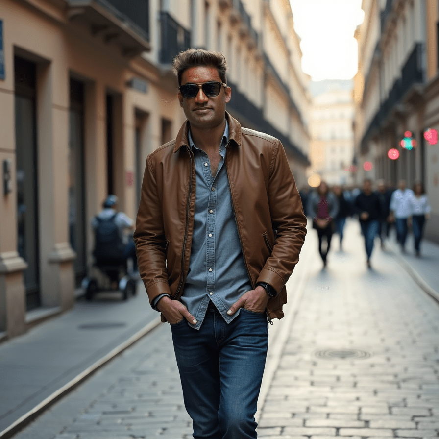 Man in sunglasses walking down a city street wearing a brown leather jacket and jeans, with people and buildings in the background.