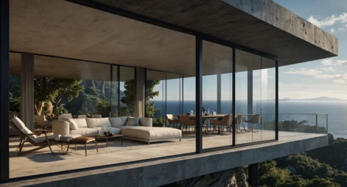 Modern luxury cliffside villa with glass walls offering ocean views, featuring an open living space with contemporary furniture and outdoor seating.