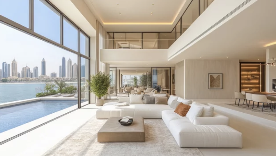 Luxurious modern living room with large windows, white sofas, and a view of city skyline and waterfront pool.