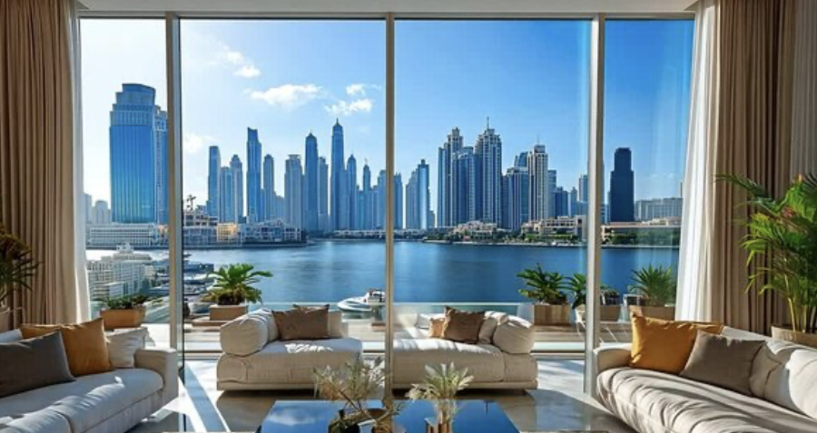Luxurious living room with large windows offering a view of a city skyline and waterfront.